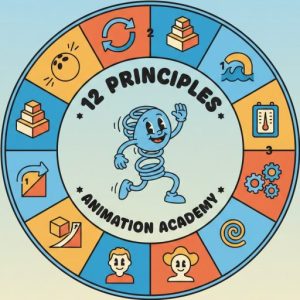 Here's an image of a cartoonish segmented wheel of the 12 principals of animation.